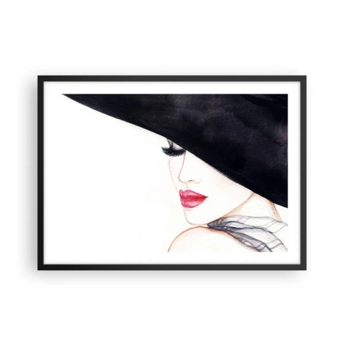Affiche dans un cadre noir - Poster - Une illustration subtile d'une femme portant un chapeau noir et des lèvres rouges - 70x50cm - Élégance et sensualité - Décoration murale moderne pour le salon et la chambre ARTTOR