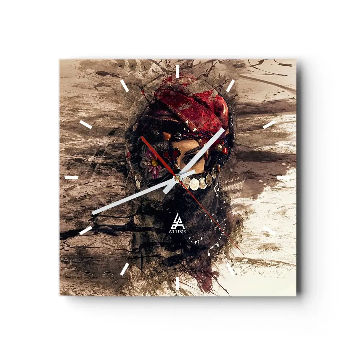 Horloge murale - Pendule murale - Portrait artistique d'une femme en tenue orientale sur fond abstrait. - 30x30cm - Inquiétant, c'est le moins qu'on puisse dire - Décoration murale moderne pour le salon et la chambre ARTTOR