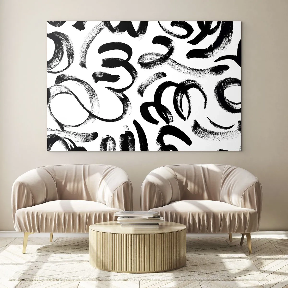 Impression sur verre - Image sur verre - Coups de pinceau abstraits en noir et blanc - 100x70cm - Noir sur blanc - Décoration murale moderne pour le salon et la chambre ARTTOR