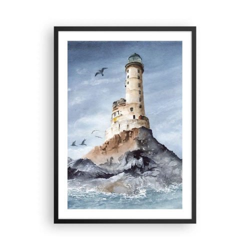 Affiche dans un cadre noir - Poster - Une aquarelle représentant un phare sur une côte rocheuse - 50x70cm - Invincible - Décoration murale moderne pour le salon et la chambre ARTTOR