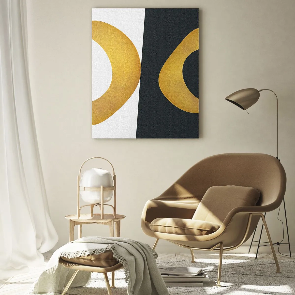 Impression sur verre - Image sur verre - Formes géométriques en or sur fond blanc et foncé - 80x120cm - Avant tout : l’or - Décoration murale moderne pour le salon et la chambre ARTTOR