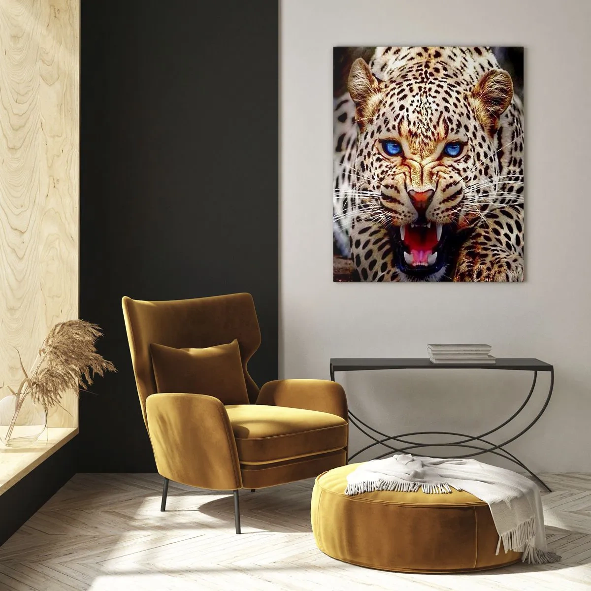 Impression sur verre - Image sur verre - Un léopard menaçant aux yeux bleus intenses - 70x100cm - La colère de la beauté ne fait pas de mal - Décoration murale moderne pour le salon et la chambre ARTTOR