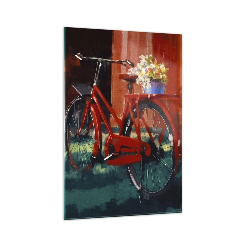 Impression sur verre - Image sur verre - Un vélo rouge avec des fleurs contre un mur orange - 70x100cm - I want to ride my bicycle - Décoration murale moderne pour le salon et la chambre ARTTOR