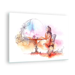 Impression sur verre - Image sur verre - Une femme à une table avec vue sur la Tour Eiffel dans des tons pastel - 70x50cm - Le chic parisien - Décoration murale moderne pour le salon et la chambre ARTTOR