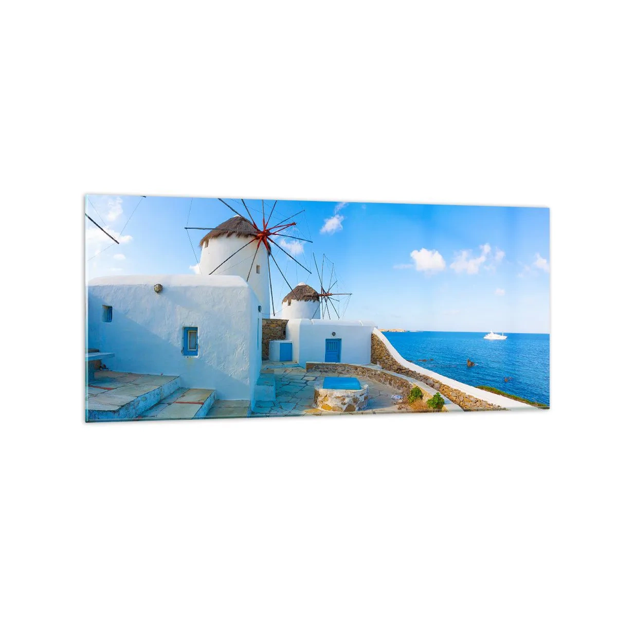 Impression sur verre - Image sur verre - Des moulins à vent blancs sur les rives de la mer bleue - 120x50cm - Le vent bleu de la mer - Décoration murale moderne pour le salon et la chambre ARTTOR