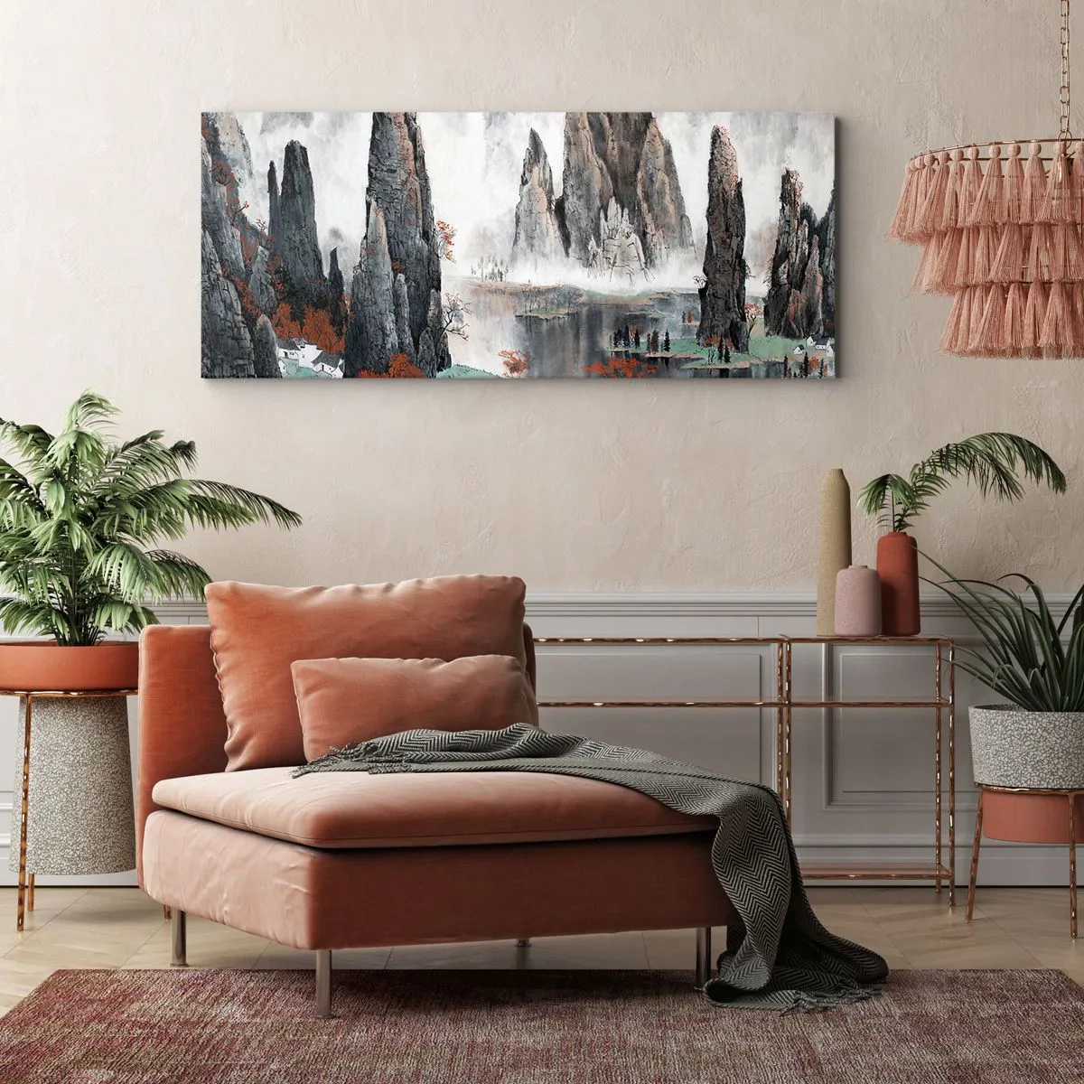 Impression sur toile - Image sur toile - Rochers et arbres pittoresques dans le paysage brumeux de la Chine - 160x50cm - De puissants gardiens - Décoration murale moderne pour le salon et la chambre ARTTOR