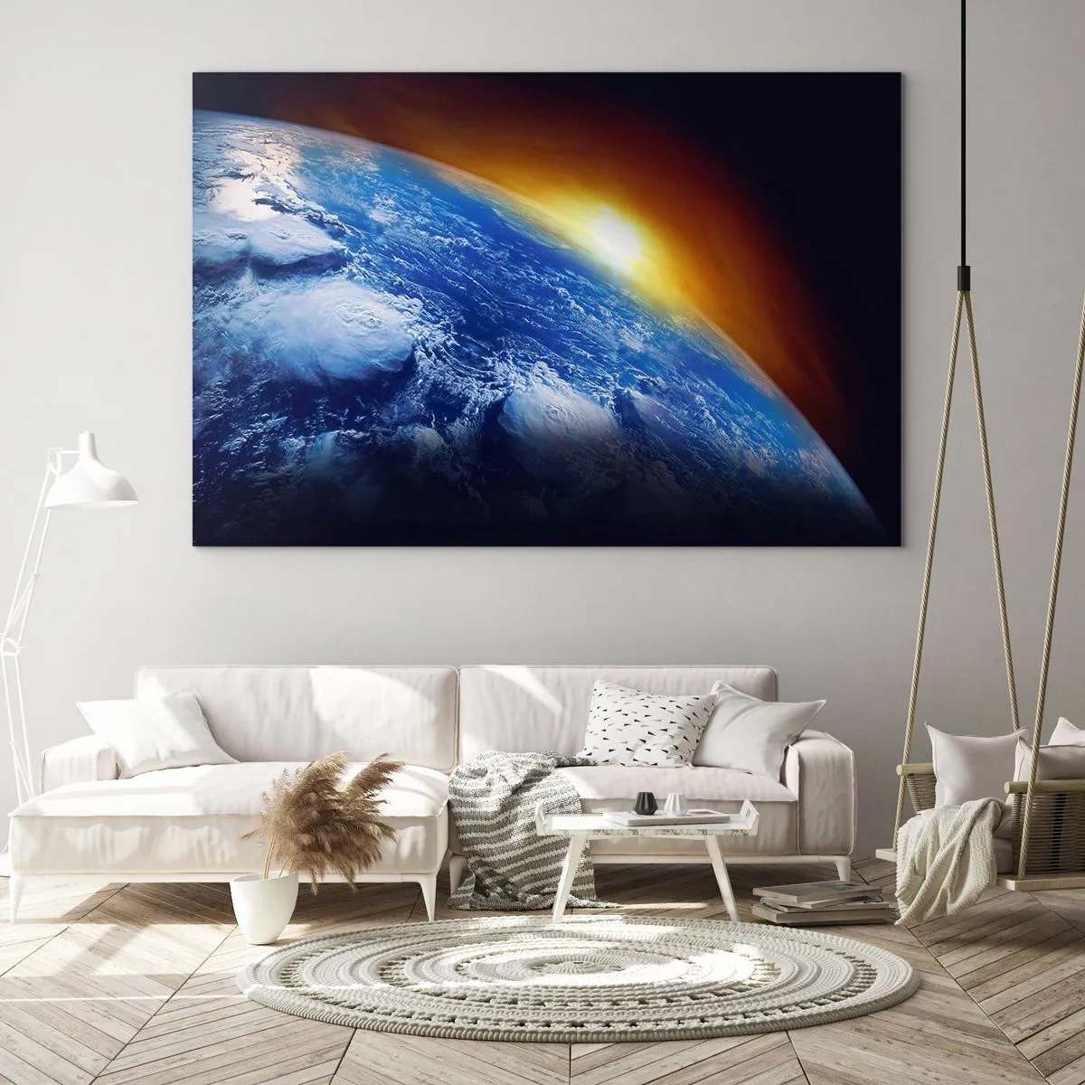 Impression sur verre - Image sur verre - La Terre dans l'espace illuminée par les rayons du soleil - 70x50cm - Lever de soleil sur la planète bleue - Décoration murale moderne pour le salon et la chambre ARTTOR