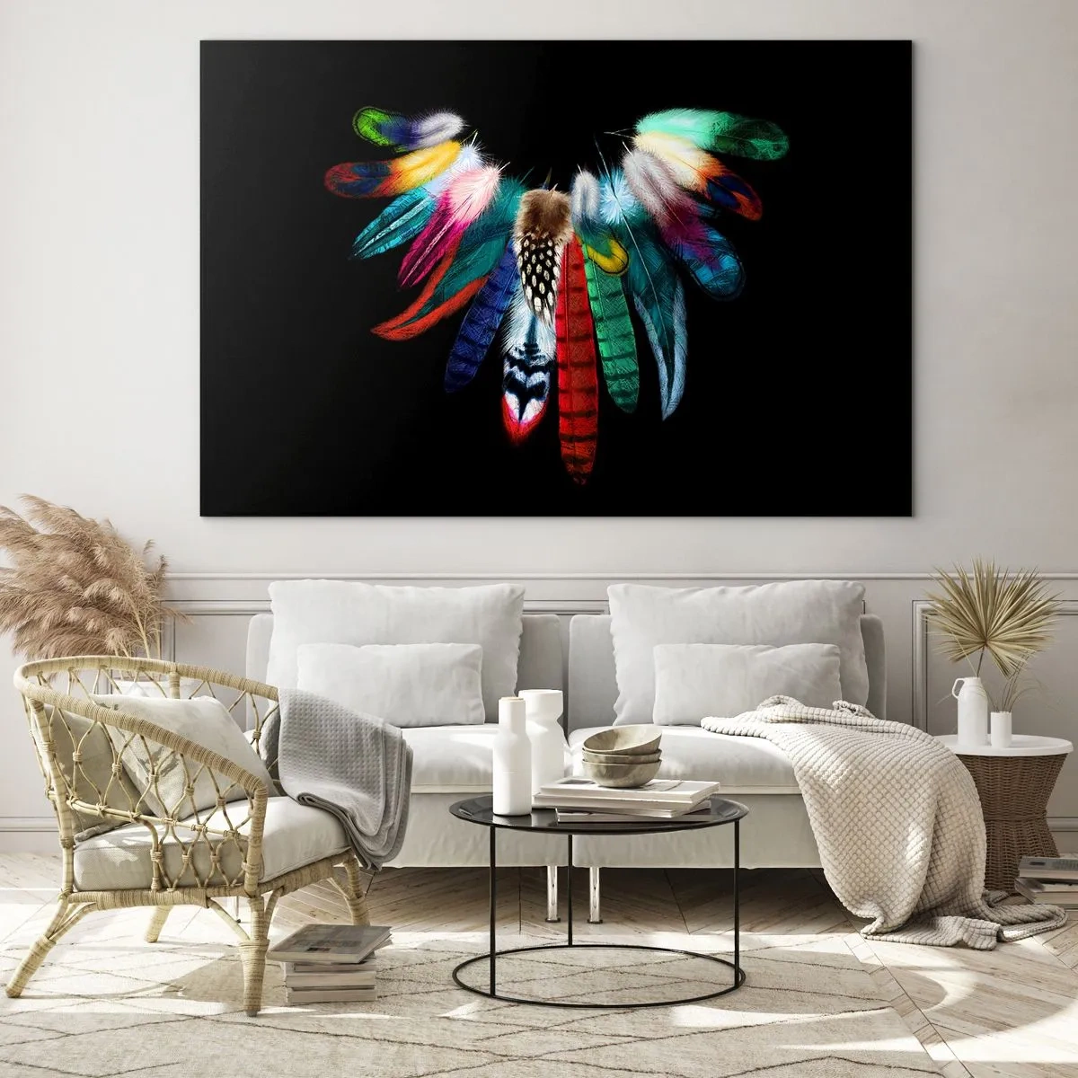 Impression sur verre - Image sur verre - Plumes colorées disposées en ailes sur fond noir - 100x70cm - Collier indien - Décoration murale moderne pour le salon et la chambre ARTTOR