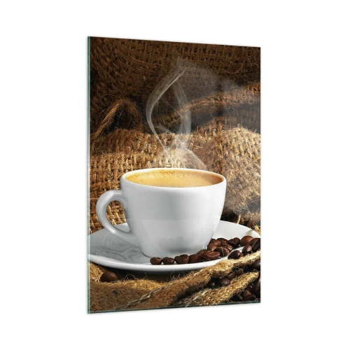 Impression sur verre - Image sur verre - Une tasse de café avec des grains sur un fond de jute - 50x70cm - L'odeur du moka et la densité du miel liquide - Décoration murale moderne pour le salon et la chambre ARTTOR