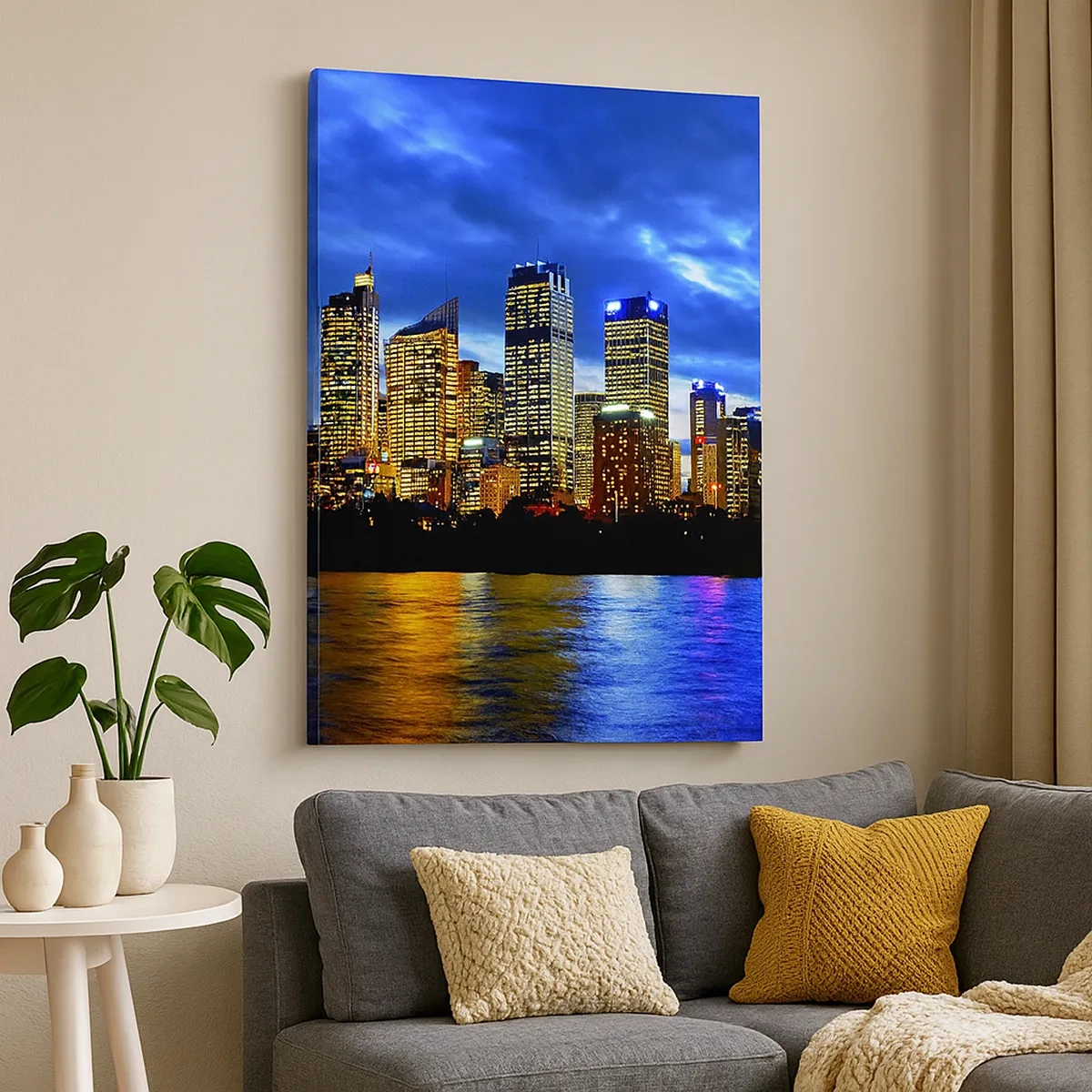 Impression sur toile - Image sur toile - Panorama de la ville nocturne avec des gratte-ciel illuminés au-dessus de l'eau - 50x70cm - Une nuit de lumières et de couleurs - Décoration murale moderne pour le salon et la chambre ARTTOR