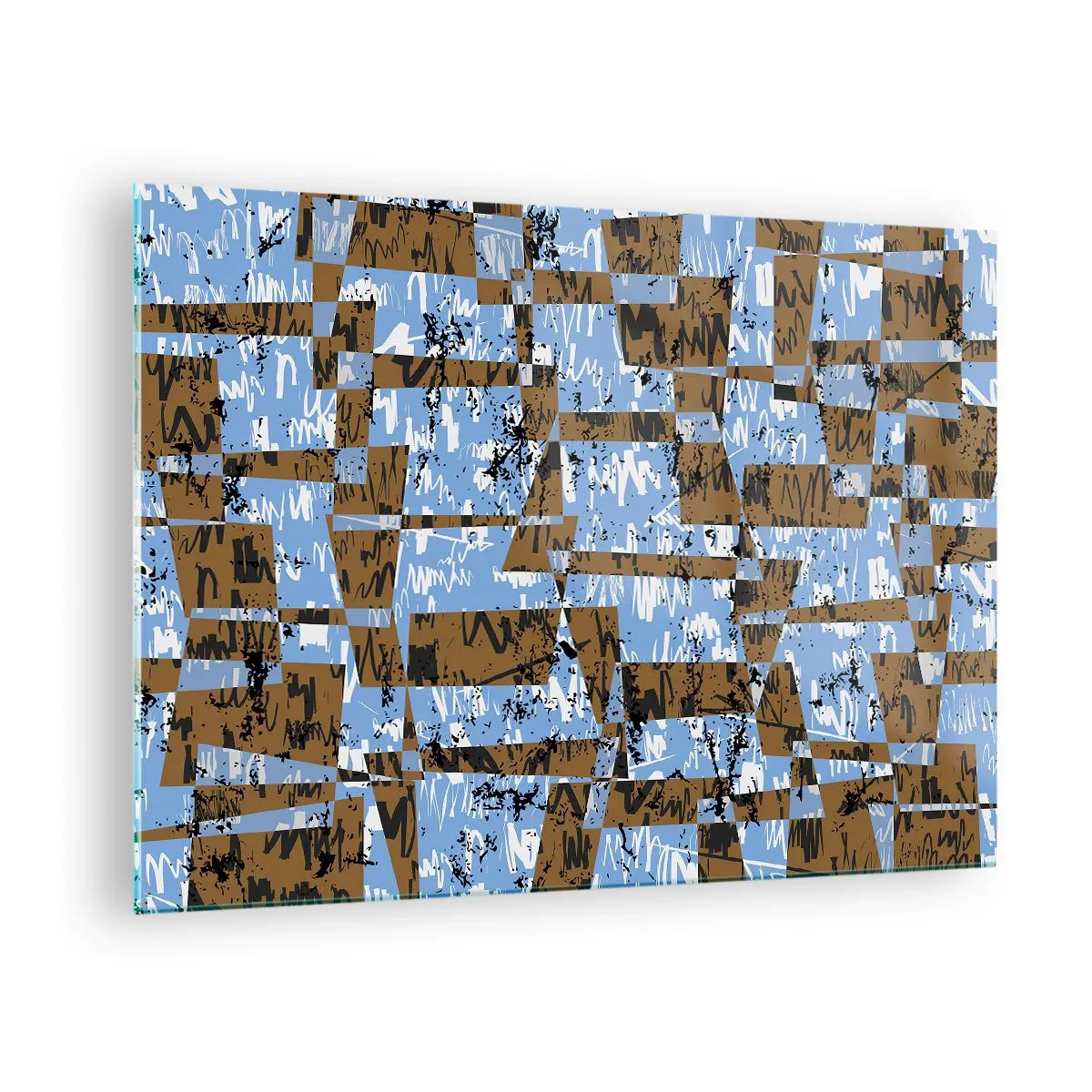 Impression sur verre - Image sur verre - Abstraction géométrique avec des nuances de bleu et de marron - 70x50cm - Une découpe non humaine - Décoration murale moderne pour le salon et la chambre ARTTOR