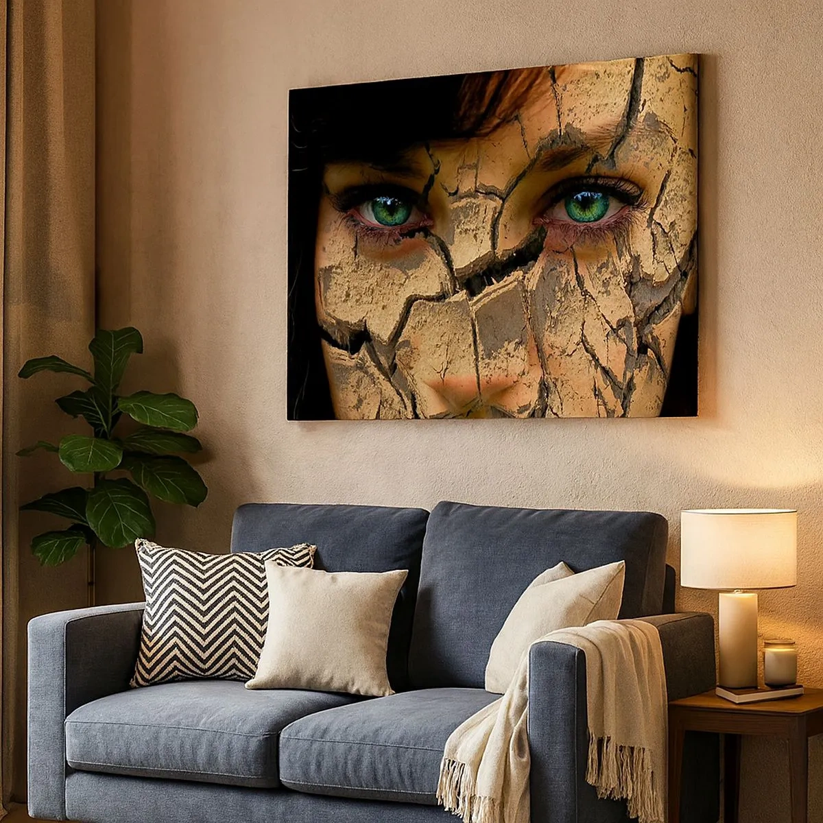 Impression sur toile - Image sur toile - Le visage d'une femme aux yeux verts recouvert d'une structure de terre craquelée - 70x50cm - Plaisir et effroi en même temps - Décoration murale moderne pour le salon et la chambre ARTTOR