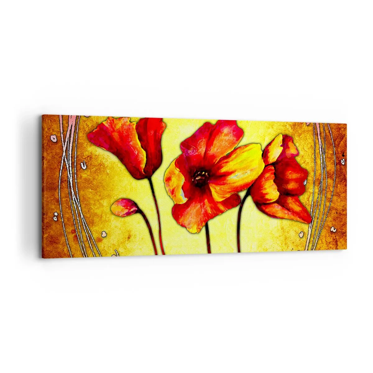 Impression sur toile - Image sur toile - Fleurs rouges et jaunes sur fond doré avec motifs décoratifs - 120x50cm - Dans la décoration Art Nouveau - Décoration murale moderne pour le salon et la chambre ARTTOR