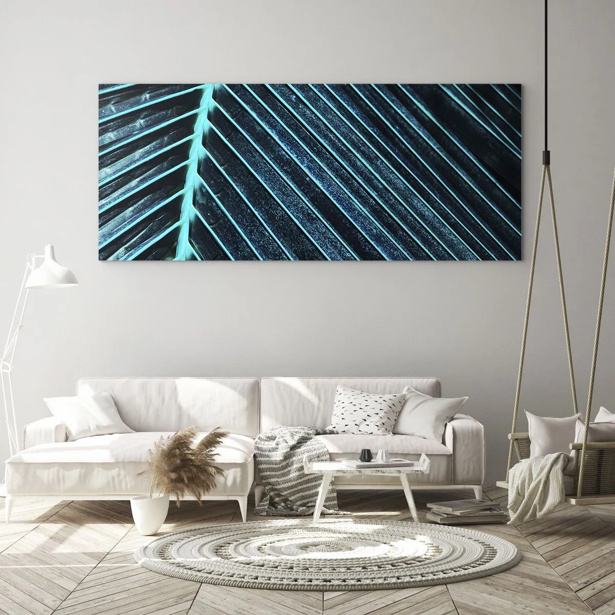 Impression sur verre - Image sur verre - Macrophotographie d'une feuille dans les tons turquoise et bleu marine - 160x50cm - Texture verte - Décoration murale moderne pour le salon et la chambre ARTTOR