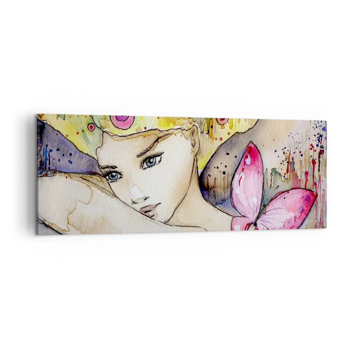 Impression sur toile - Image sur toile - Une femme avec une coiffure abstraite et un papillon rose - 140x50cm - La princesse papillon - Décoration murale moderne pour le salon et la chambre ARTTOR