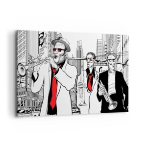 Impression sur toile - Image sur toile - Illustration de musiciens de jazz sur fond urbain - 120x80cm - Rhapsodie urbaine en noir et rouge - Décoration murale moderne pour le salon et la chambre ARTTOR