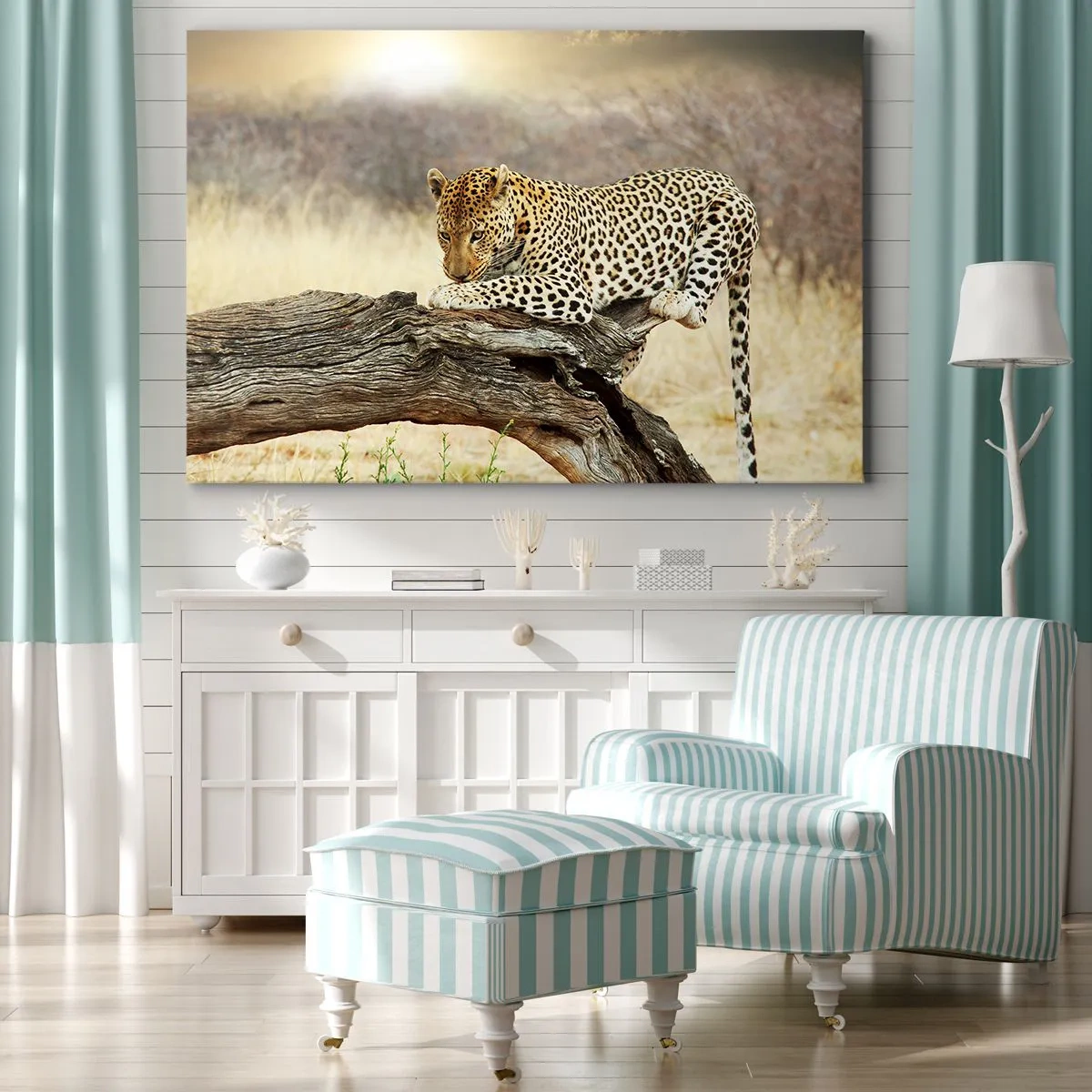 Impression sur toile - Image sur toile - Un léopard se reposant sur un tronc d'arbre dans la savane - 120x80cm - Je suis ma propre route - Décoration murale moderne pour le salon et la chambre ARTTOR