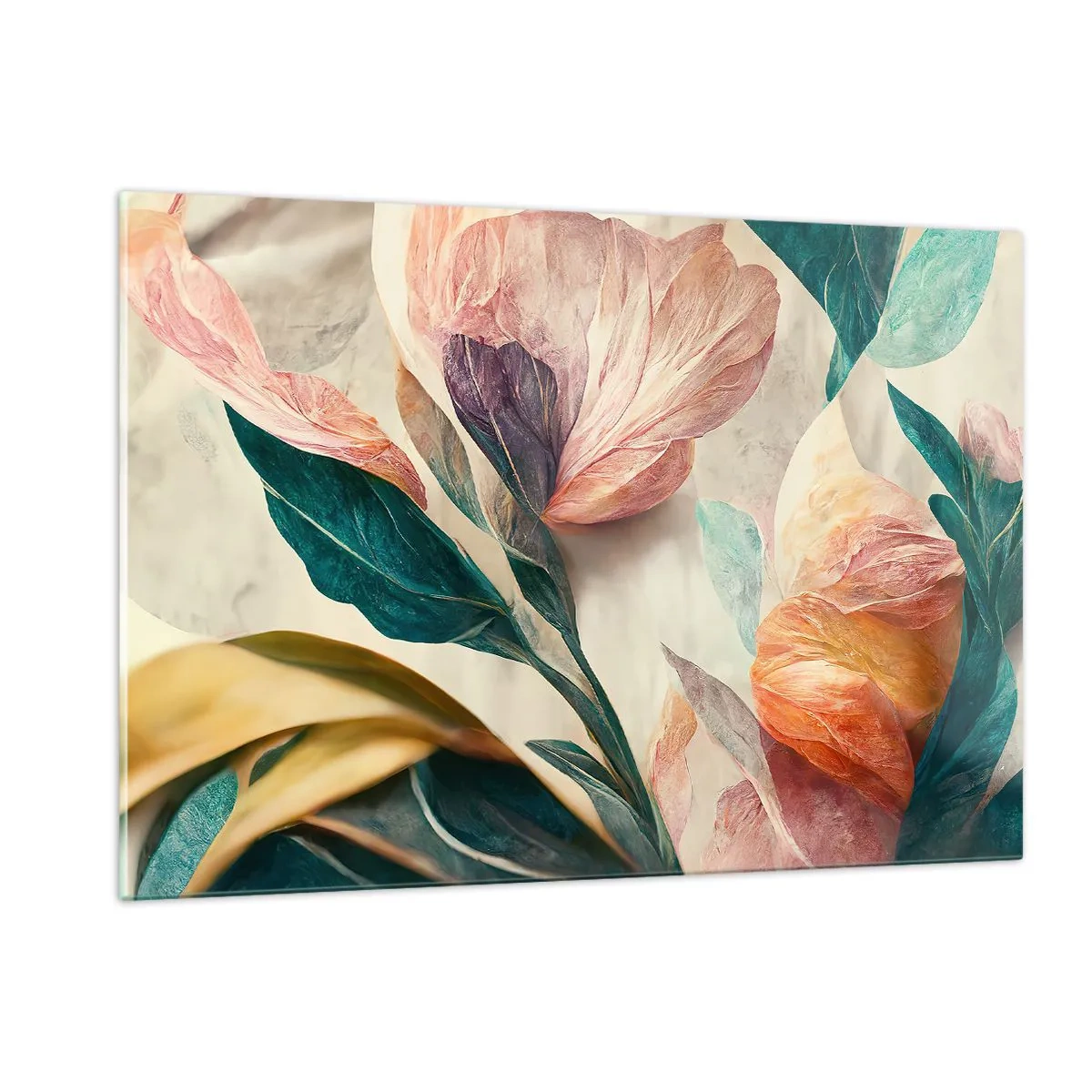 Impression sur verre - Image sur verre - Fleurs et feuilles exotiques aux couleurs pastel dans un style botanique - 120x80cm - Fleurs des îles du sud - Décoration murale moderne pour le salon et la chambre ARTTOR