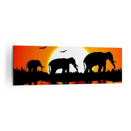 Impression sur toile - Image sur toile - Silhouettes d'éléphants au coucher du soleil sur l'eau avec reflet - 160x50cm - Et le soir pour un petit verre - Décoration murale moderne pour le salon et la chambre ARTTOR
