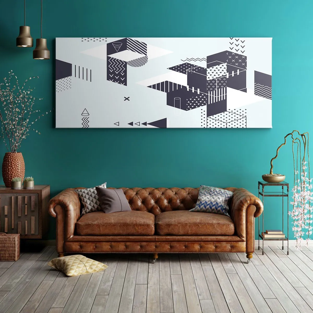 Impression sur toile - Image sur toile - Graphismes géométriques modernes dans des tons de blanc et de bleu marine - 120x50cm - Dans l'âme d'un mathématicien - Décoration murale moderne pour le salon et la chambre ARTTOR
