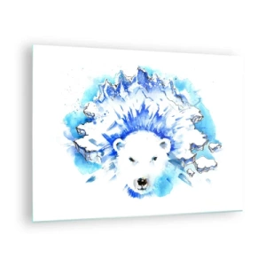 Impression sur verre - Image sur verre - Un ours polaire sur fond de montagnes glacées aux nuances de bleu. - 70x50cm - Le roi de l'Arctique dans une couronne de glace - Décoration murale moderne pour le salon et la chambre ARTTOR