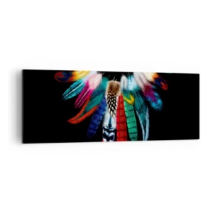 Impression sur toile - Image sur toile - Plumes colorées sur fond noir dans une composition artistique - 140x50cm - Collier indien - Décoration murale moderne pour le salon et la chambre ARTTOR