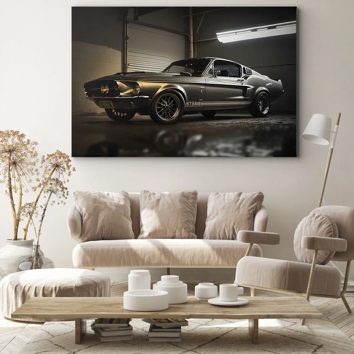 Impression sur toile - Image sur toile - Voiture classique dans un garage rétro - 120x80cm - Retour dans le passé - Décoration murale moderne pour le salon et la chambre ARTTOR