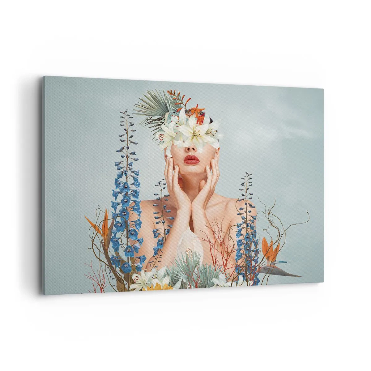 Impression sur toile - Image sur toile - Portrait d'une femme avec un motif floral sur fond bleu - 100x70cm - Femme - fleur - Décoration murale moderne pour le salon et la chambre ARTTOR
