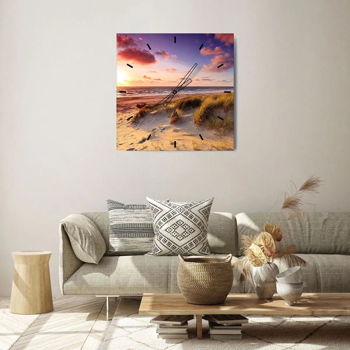Horloge murale - Pendule murale - Une plage herbeuse et un coucher de soleil sur une mer calme - 30x30cm - L'air sent déjà l'été - Décoration murale moderne pour le salon et la chambre ARTTOR