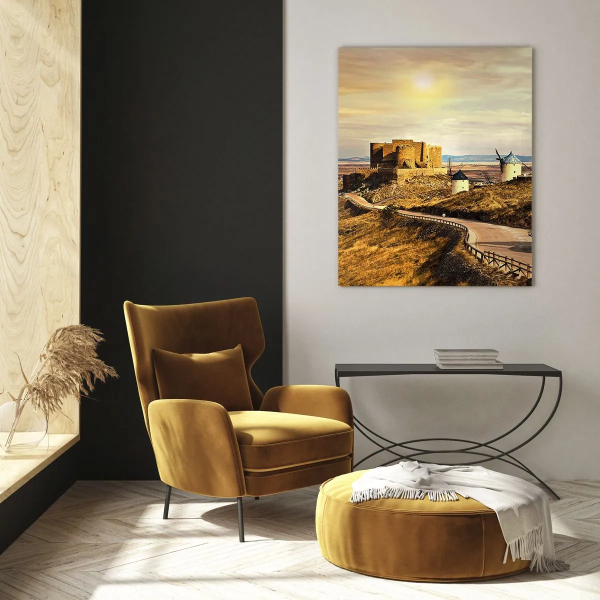 Impression sur verre - Image sur verre - Moulins à vent sur les collines avec un château historique en arrière-plan - 80x120cm - Don Quichotte est sur le point d'arriver - Décoration murale moderne pour le salon et la chambre ARTTOR