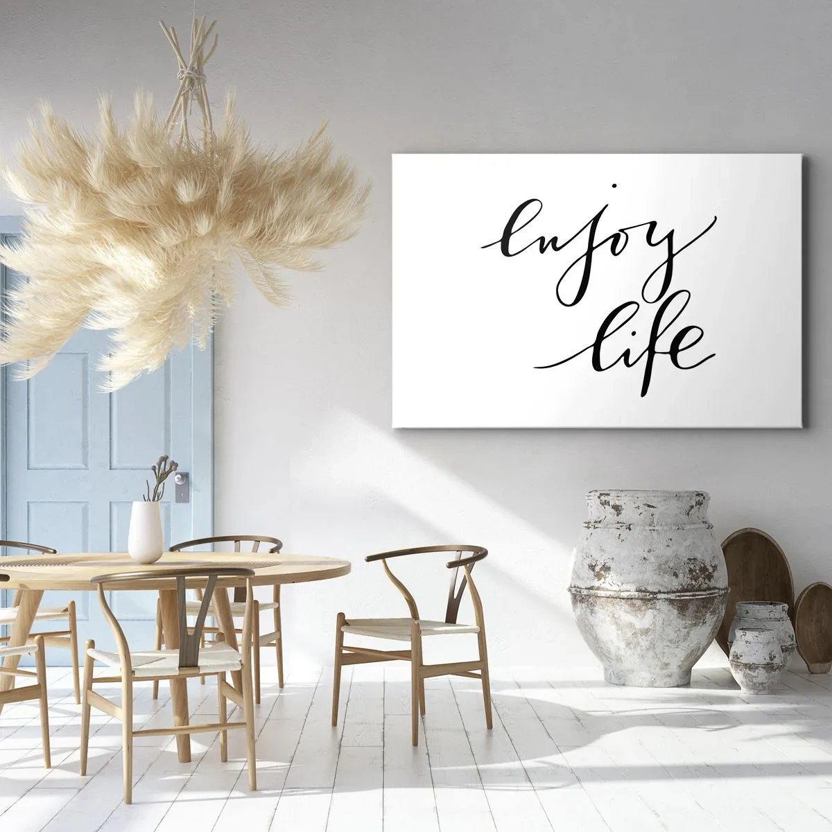 Impression sur toile - Image sur toile - La citation «Profitez de la vie» en calligraphie noire sur fond blanc - 100x70cm - Rien à ajouter.... - Décoration murale moderne pour le salon et la chambre ARTTOR