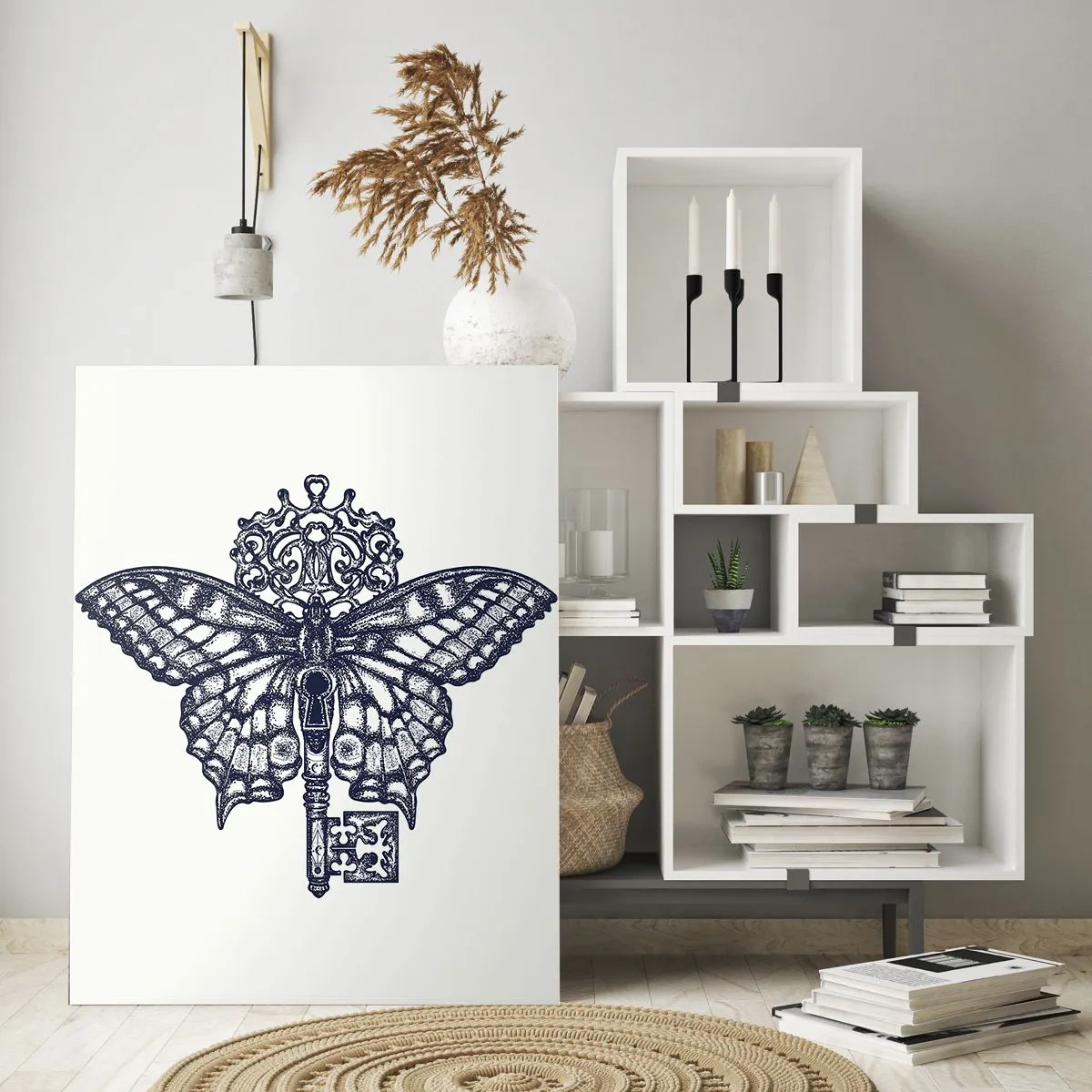 Impression sur verre - Image sur verre - Papillon élégant et graphique clé dans un style minimaliste - 80x120cm - Tous les secrets du coeur - Décoration murale moderne pour le salon et la chambre ARTTOR