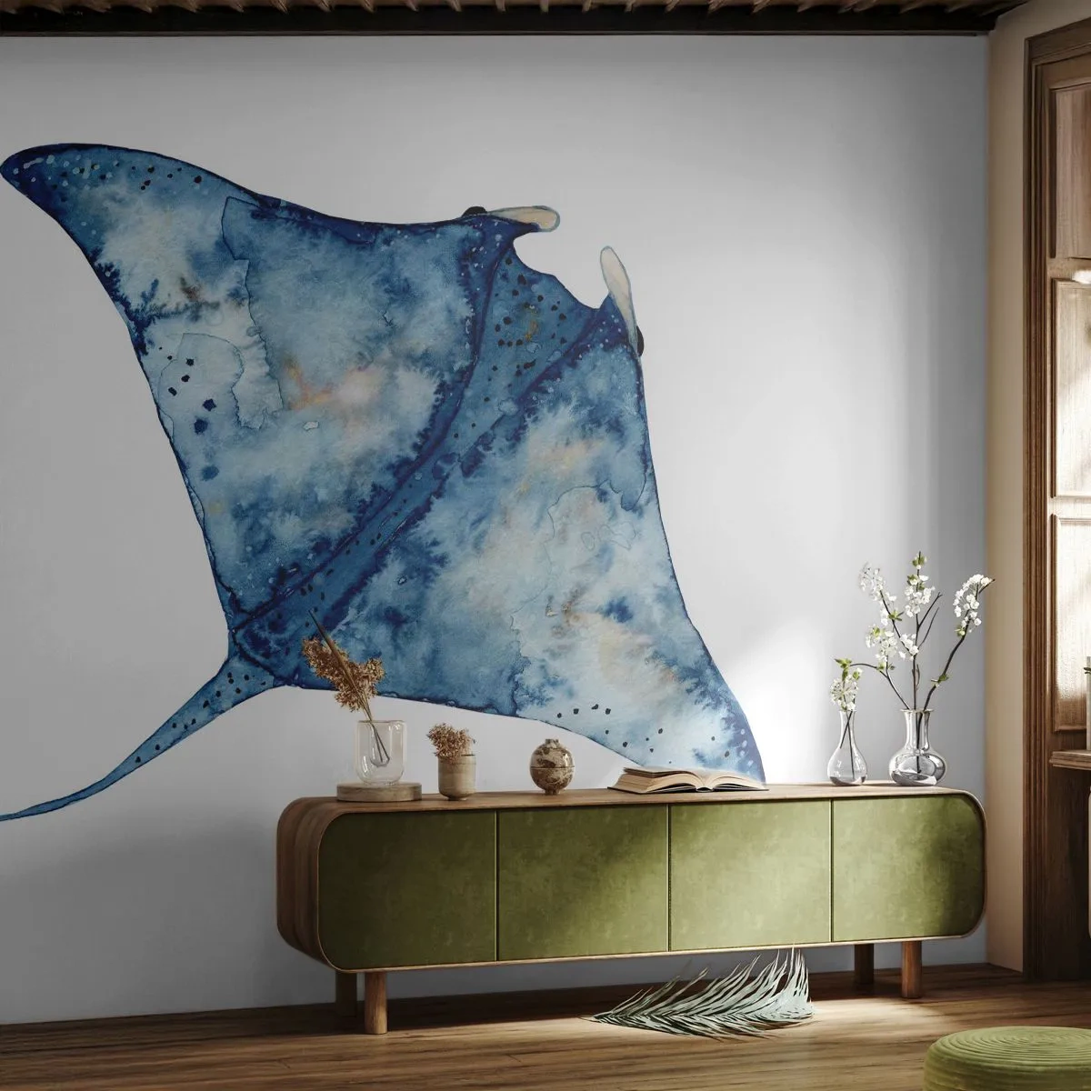 Papier Peint Photo Premium Canvas - Raie bleue à l'aquarelle sur fond blanc - 100x70cm - La vie en bleu - Décoration murale moderne pour le salon et la chambre ARTTOR