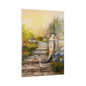 Impression sur verre - Image sur verre - Un jardin fleuri avec une fontaine en pleine floraison - 50x70cm - En pleine floraison - Décoration murale moderne pour le salon et la chambre ARTTOR