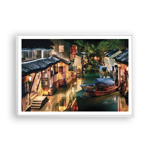 Affiche dans un cadre blanc - Poster - Soirée dans une rue chinoise - 100x70 cm