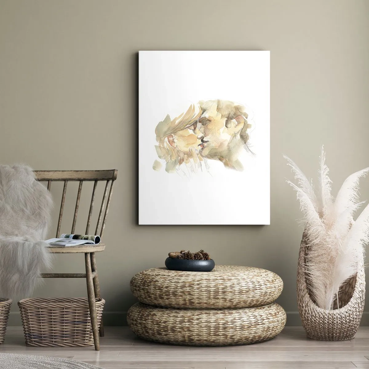 Impression sur toile - Image sur toile - Portrait romantique à l'aquarelle d'un couple s'embrassant - 50x70cm - A moitié trouvé ? - Décoration murale moderne pour le salon et la chambre ARTTOR