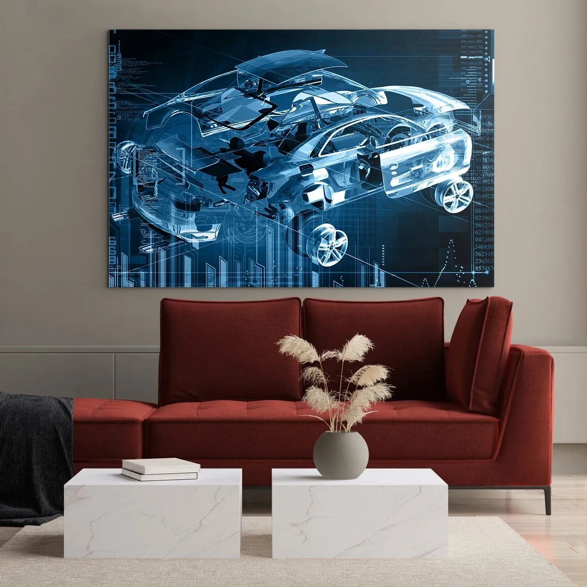 Impression sur verre - Image sur verre - Schéma technologique d'une voiture de style futuriste - 100x70cm - Anatomie de l'ingénierie - Décoration murale moderne pour le salon et la chambre ARTTOR