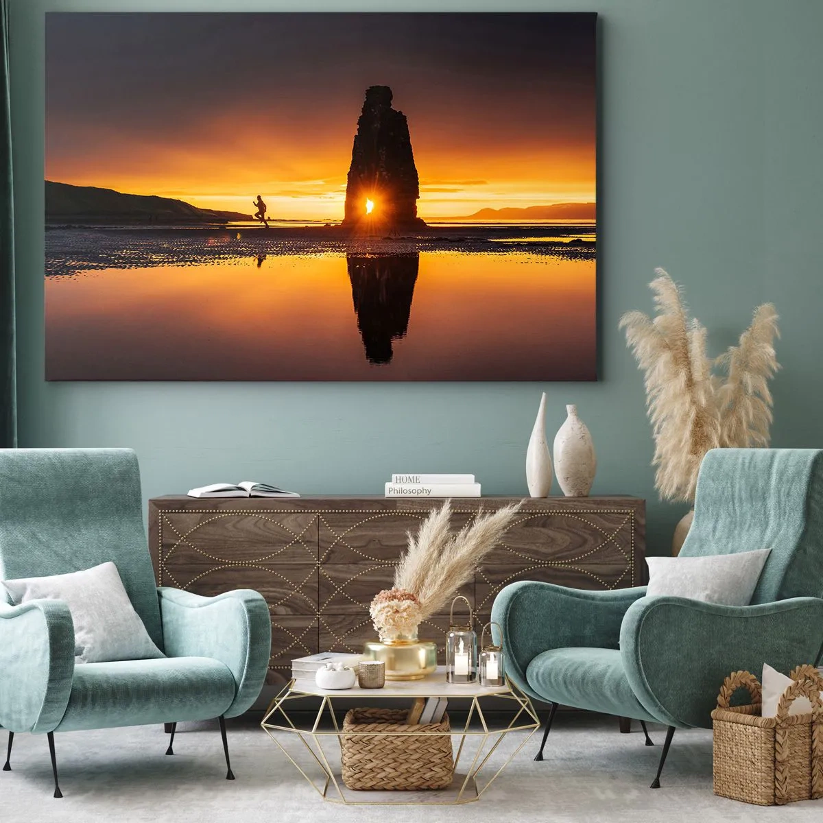 Impression sur toile - Image sur toile - Personne courant sur la plage au coucher du soleil avec formation rocheuse - 70x50cm - Juste vous et la nature - Décoration murale moderne pour le salon et la chambre ARTTOR