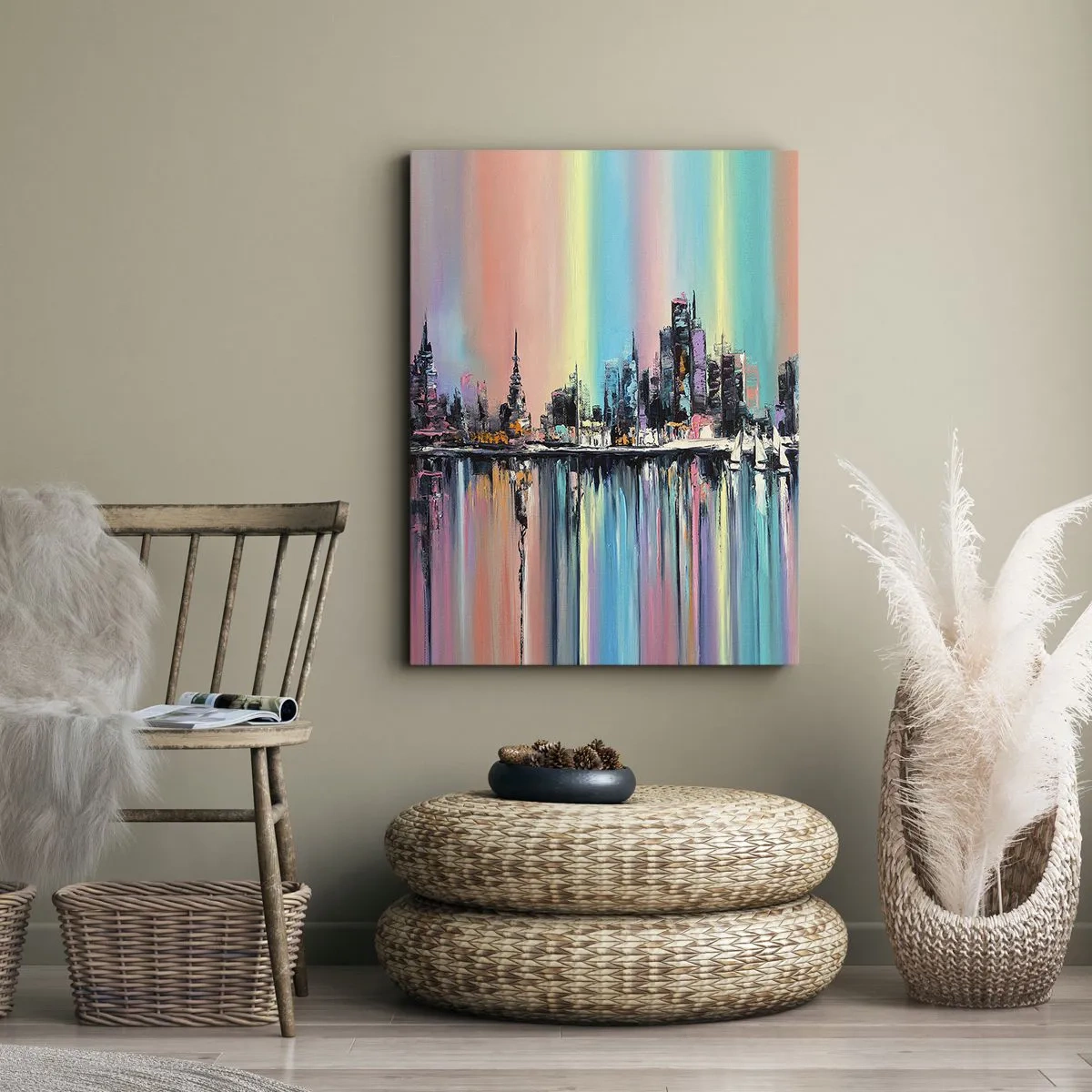 Impression sur toile - Image sur toile - Paysage urbain coloré avec reflet sur l'eau - 80x120cm - Noyé par la lumière de la nuit - Décoration murale moderne pour le salon et la chambre ARTTOR