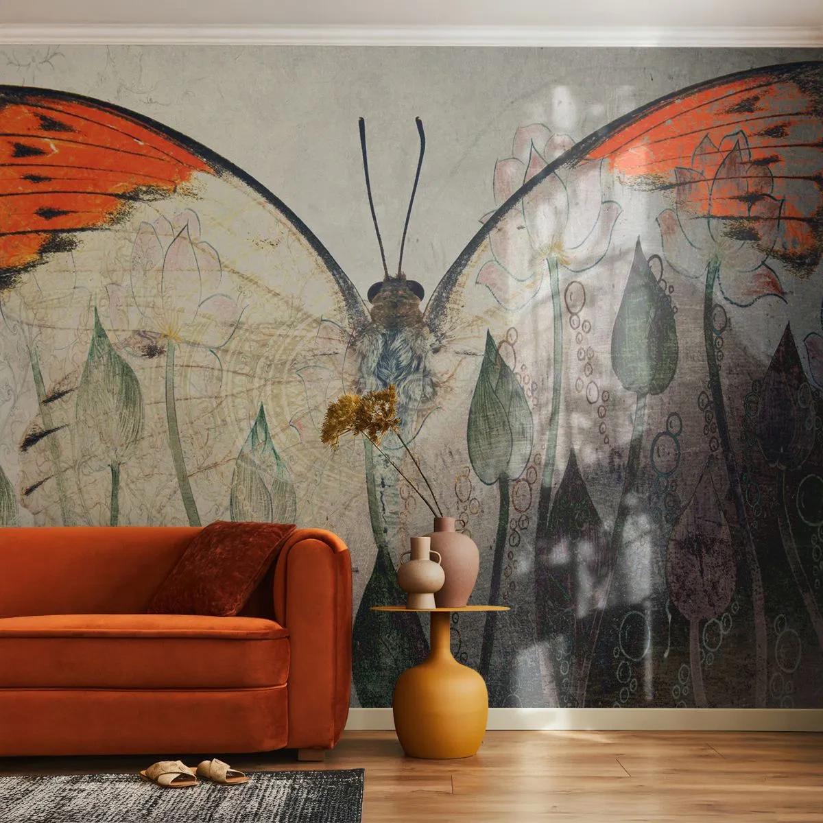 Papier peint sur mesure Standard Eco - "Où est le papillon qui se balance sur l'herbe" - Abstraction, Papillon, Nature