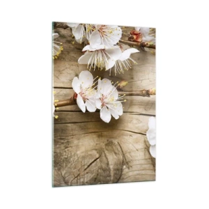 Impression sur verre - Image sur verre - Branches de cerisiers en fleurs sur fond de bois - 50x70cm - Et c'est devenu le printemps - Décoration murale moderne pour le salon et la chambre ARTTOR