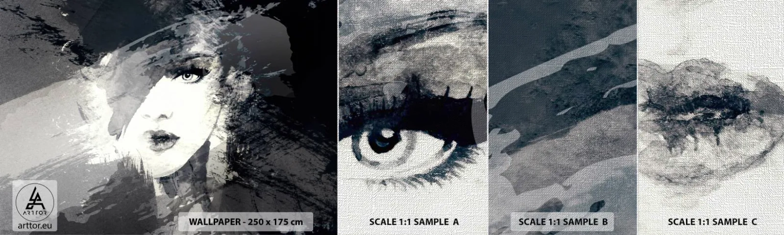 Échantillon de Papier Peint Premium Canvas - Derrière un voile gris - Visage de femme, Noir et blanc, Yeux - 100x30 cm