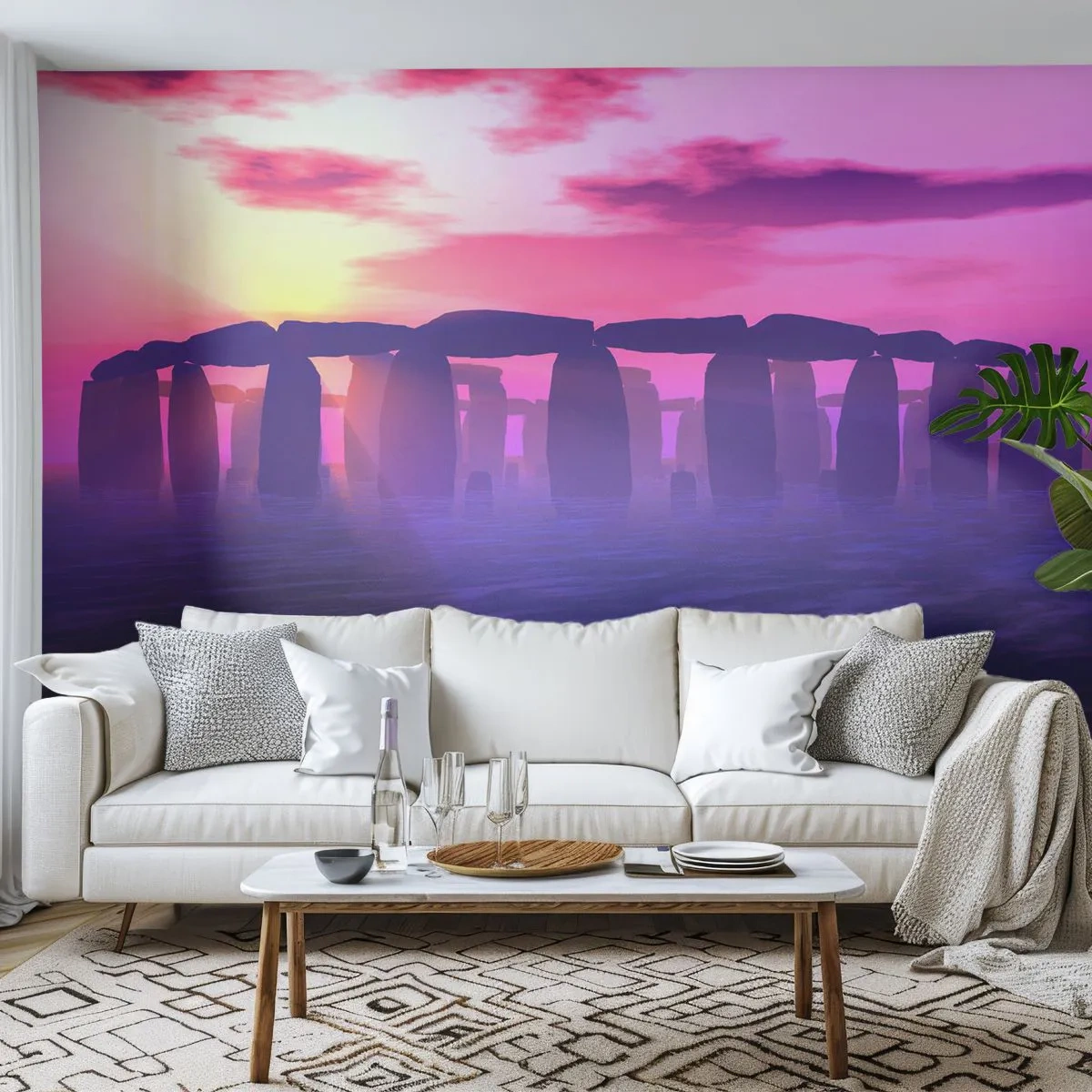 Papier Peint Photo Standard Eco - Le mystérieux Stonehenge dans la lumière violette du coucher de soleil - 100x70cm - Mystère à l'aube dans le brouillard - Décoration murale moderne pour le salon et la chambre ARTTOR