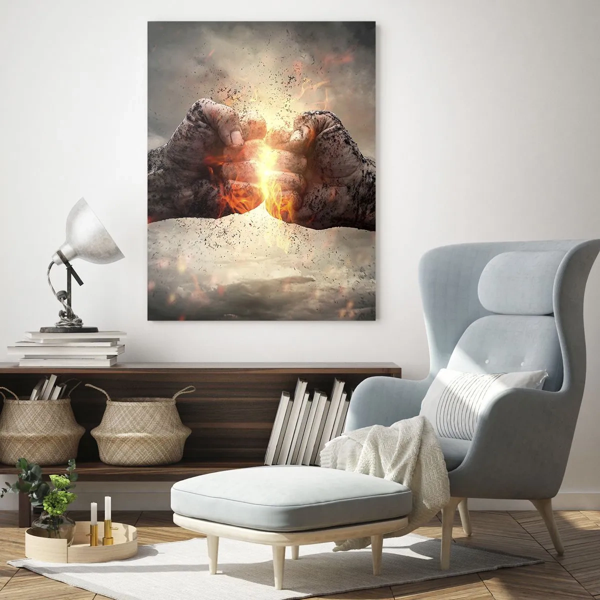 Impression sur verre - Image sur verre - Poings serrés dans une scène d'incendie dynamique - 80x120cm - Lève-toi pour le combat - Décoration murale moderne pour le salon et la chambre ARTTOR