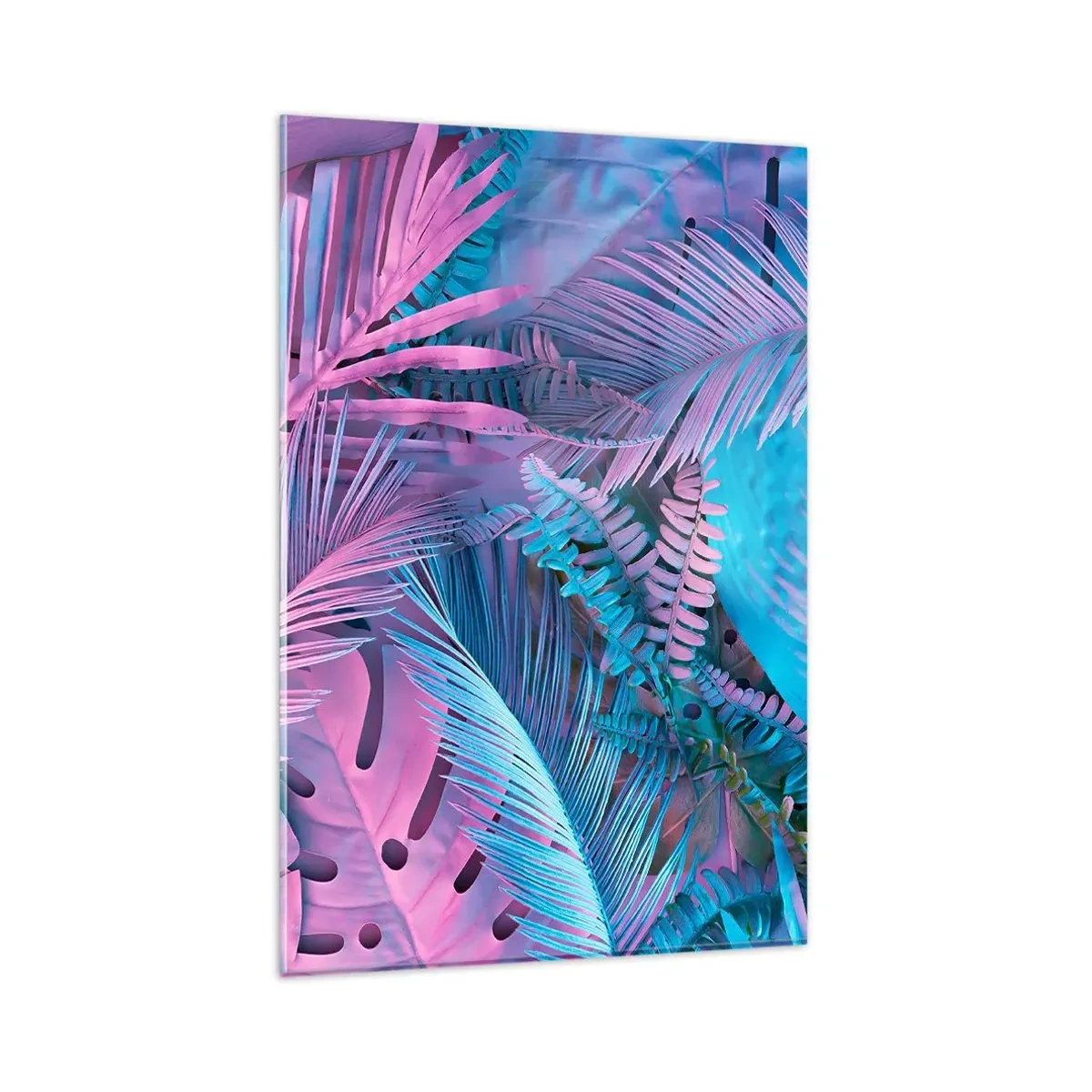 Impression sur verre - Image sur verre - Feuilles tropicales dans les tons de rose et de bleu - 80x120cm - Les tropiques en rose et bleu - Décoration murale moderne pour le salon et la chambre ARTTOR