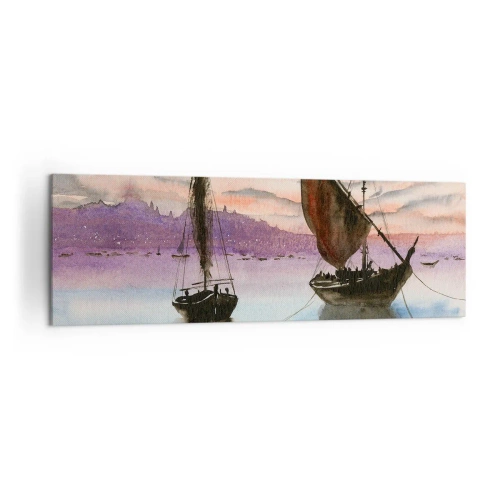 Impression sur toile - Image sur toile - Deux voiliers amarrés sur une eau calme au crépuscule - 160x50cm - Soirée au port - Décoration murale moderne pour le salon et la chambre ARTTOR