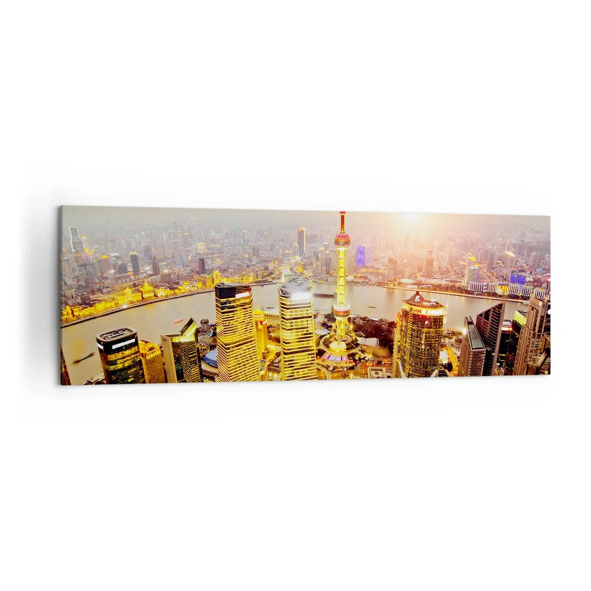 Impression sur toile - Image sur toile - Panorama de la ville avec des gratte-ciels au coucher du soleil - 160x50cm - Rêve asiatique - Décoration murale moderne pour le salon et la chambre ARTTOR