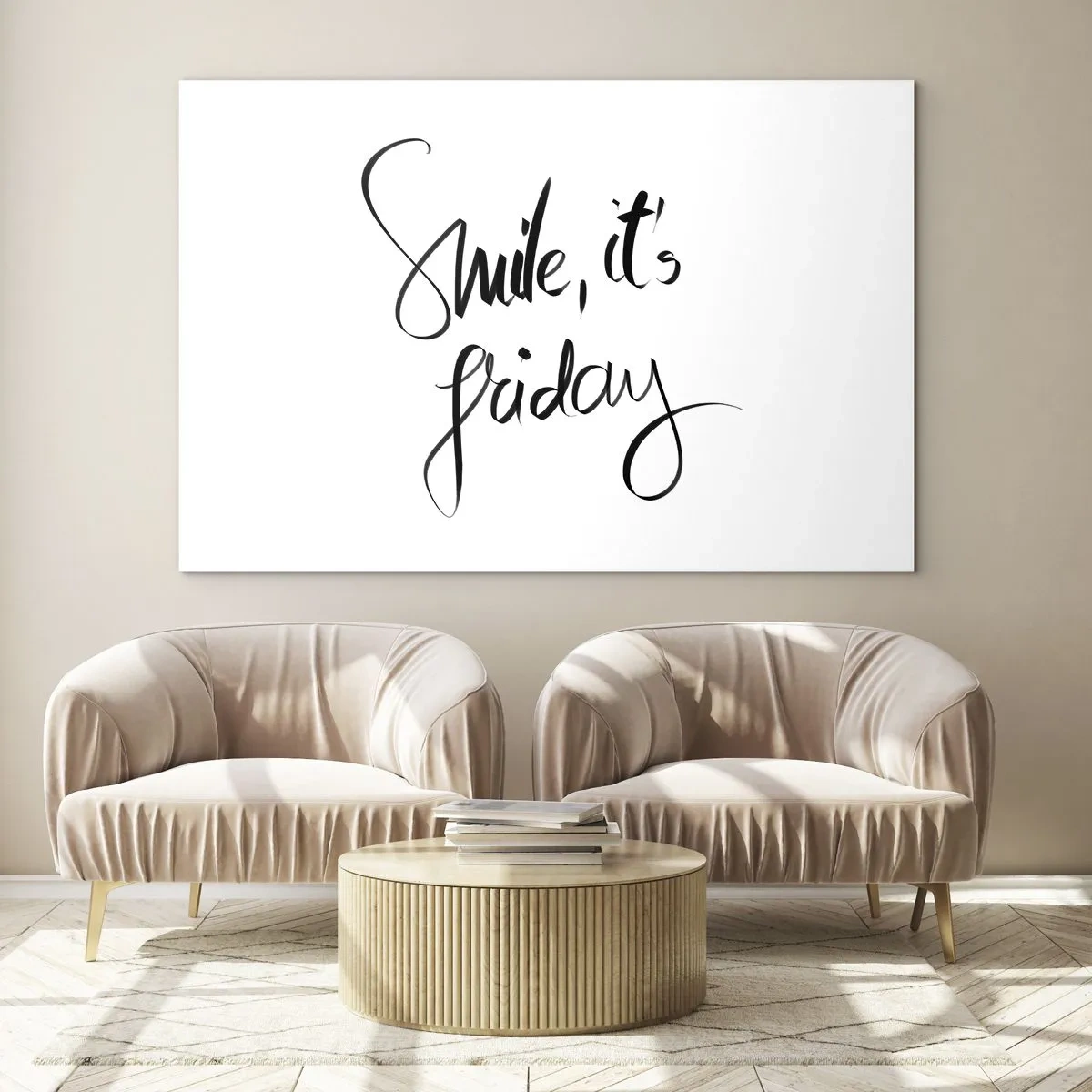 Impression sur verre - Image sur verre - Citation « Souriez, c'est vendredi » en calligraphie - 70x50cm - Joie réelle - Décoration murale moderne pour le salon et la chambre ARTTOR