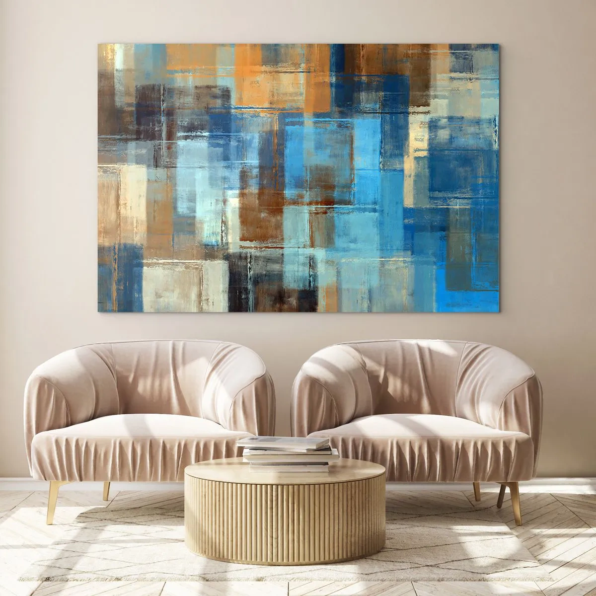 Impression sur verre - Image sur verre - Composition géométrique abstraite dans les tons de bleu et de marron - 70x50cm - A travers le voile bleu - Décoration murale moderne pour le salon et la chambre ARTTOR