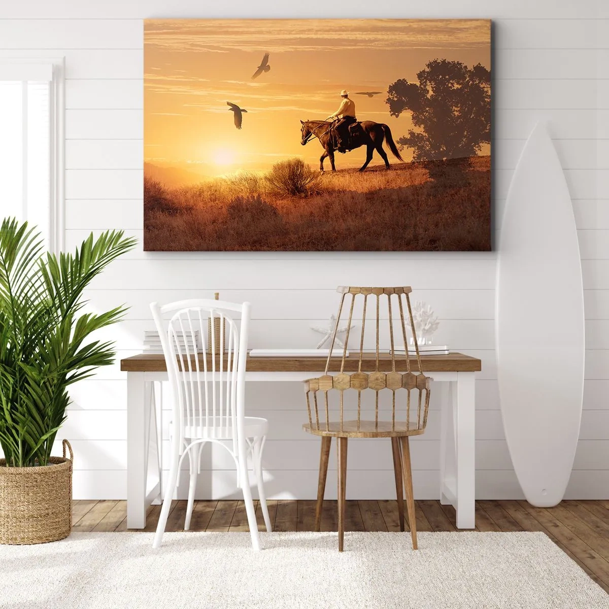 Impression sur toile - Image sur toile - Un cavalier sur un cheval au coucher du soleil contre la prairie - 70x50cm - Seul à travers la prairie - Décoration murale moderne pour le salon et la chambre ARTTOR